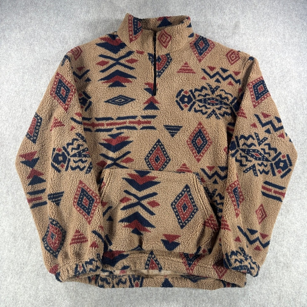 Zaful Mens 1/4 Zip Pullover Southwestern Aztec Tribal Sherpa Tan Size Medium